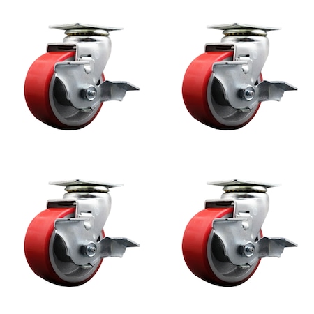 Service Caster 4 Inch Red Poly on Cast Iron Swivel Caster Set with Roller Bearings and Brakes SCC-20S420-PUR-RS-TLB-4
